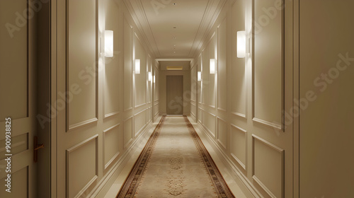 Elegant hallway with white walls and a patterned carpet, leading to a door at the end.