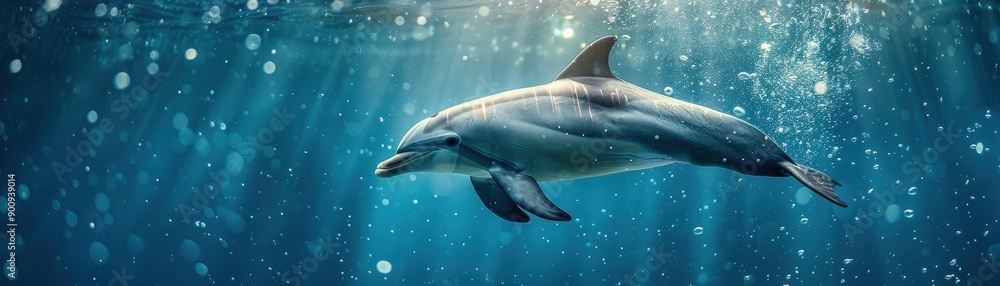 Fototapeta premium Majestic Dolphin Swimming Underwater in Sunlit Ocean with Bubbles and Sparkling Water