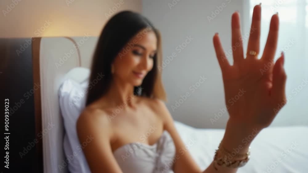 Hand Reaches Out to Beautiful Woman in Bedroom During Slow Motion Generative AI Hand Reaches Out to Beautiful Woman in Bedroom During Slow Motion Generative AI