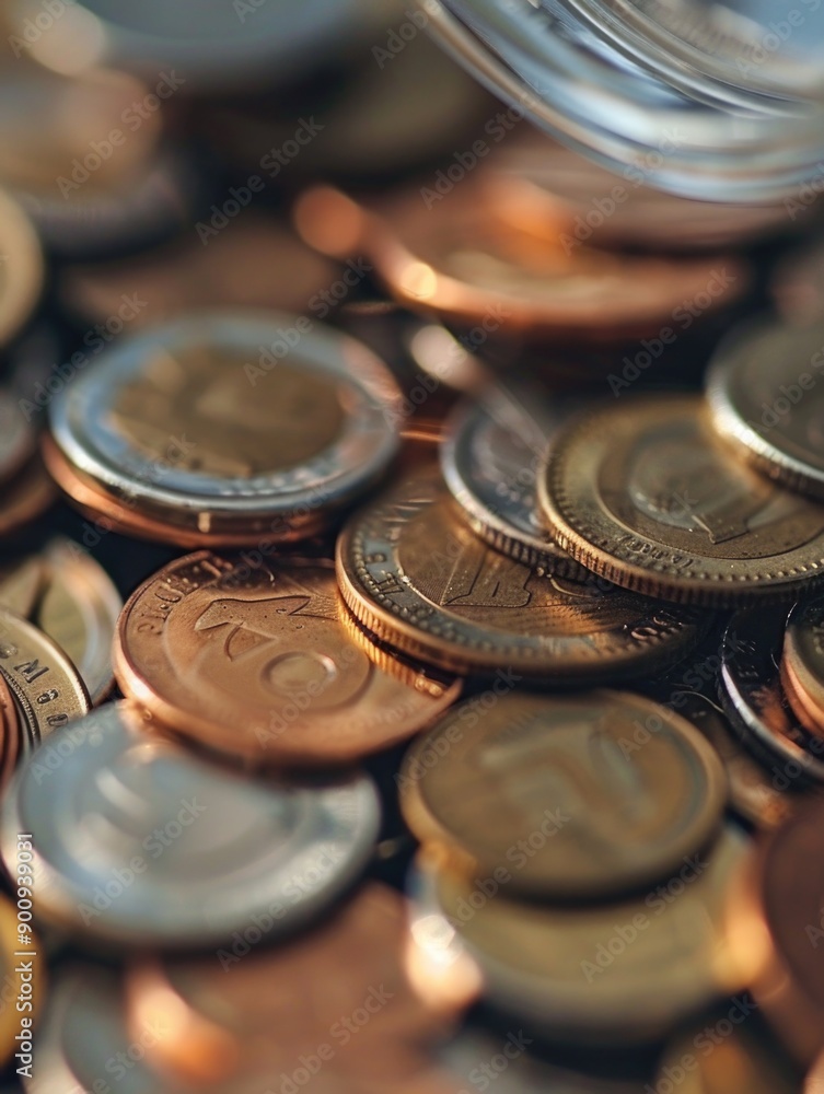 A collection of coins stacked high on a flat surface, ideal for use in financial or commercial contexts A collection of coins stacked high on a flat surface, ideal for use in financial or commercial contexts