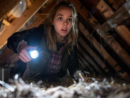 A young girl explores a dimly lit attic with a flashlight, revealing curiosity and adventure in a confined space. photo