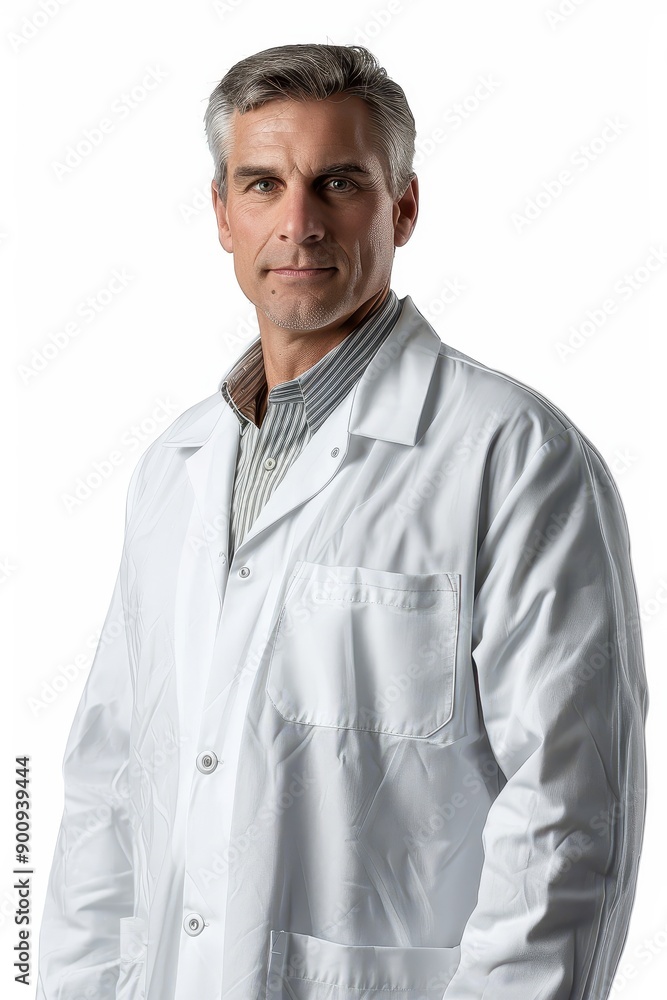 Confident Male Doctor in White Lab Coat Posing Against White Background for Medical and Healthcare Concepts Confident Male Doctor in White Lab Coat Posing Against White Background for Medical and Healthcare Concepts