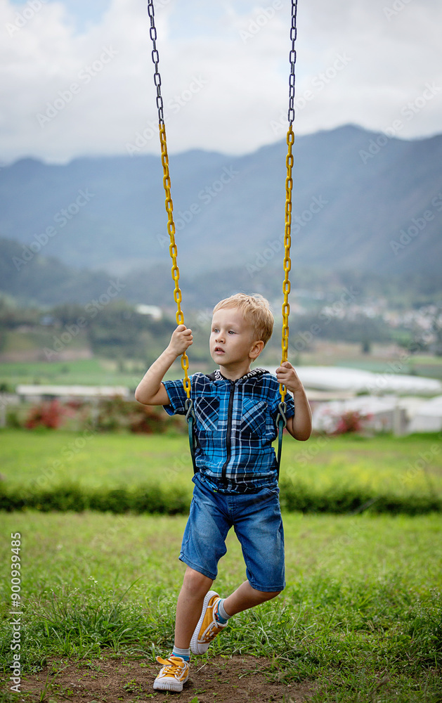 Little boy on the swing with mountains at the background