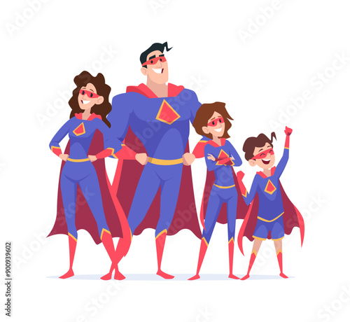superheroes family. strong and happy male and female heroes mother father and kids standing in heroic poses