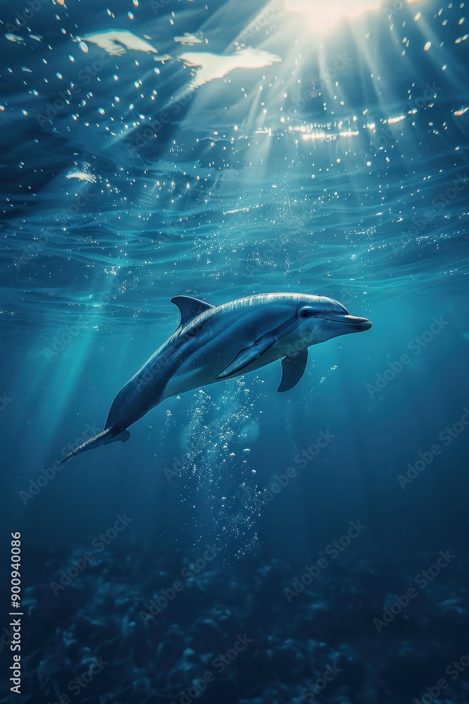 Naklejka premium Majestic Dolphin Swimming Underwater with Sunlight Streaming Through the Ocean Surface