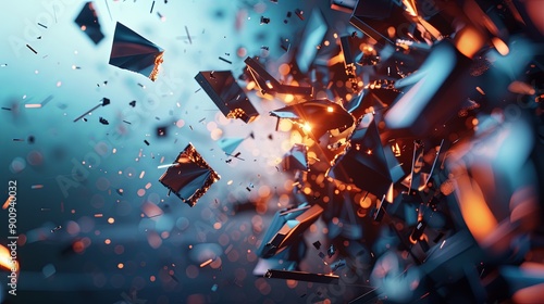 A computer generated image of a shattered object with a lot of debris