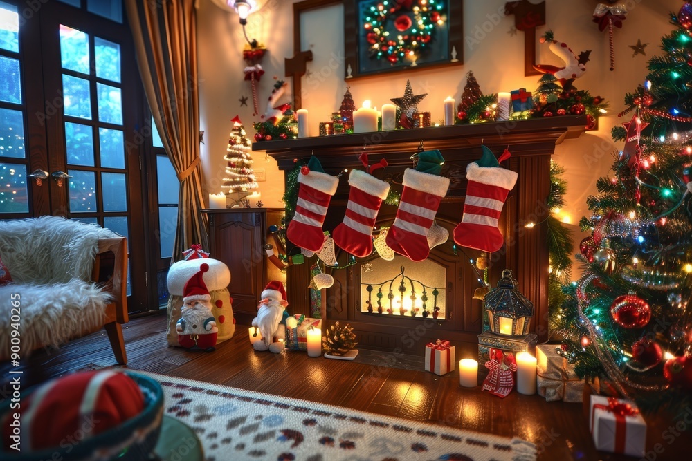 Fototapeta premium Christmas tree in the room near the fireplace and with festive decorative decorations. Evening cozy festive atmosphere