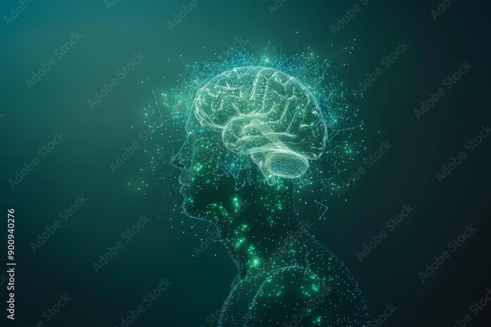 Abstract digital rendering of a head with glowing neural connections symbolizing cognitive processes and technology in a vibrant and futuristic style Abstract digital rendering of a head with glowing neural connections symbolizing cognitive processes and technology in a vibrant and futuristic style
