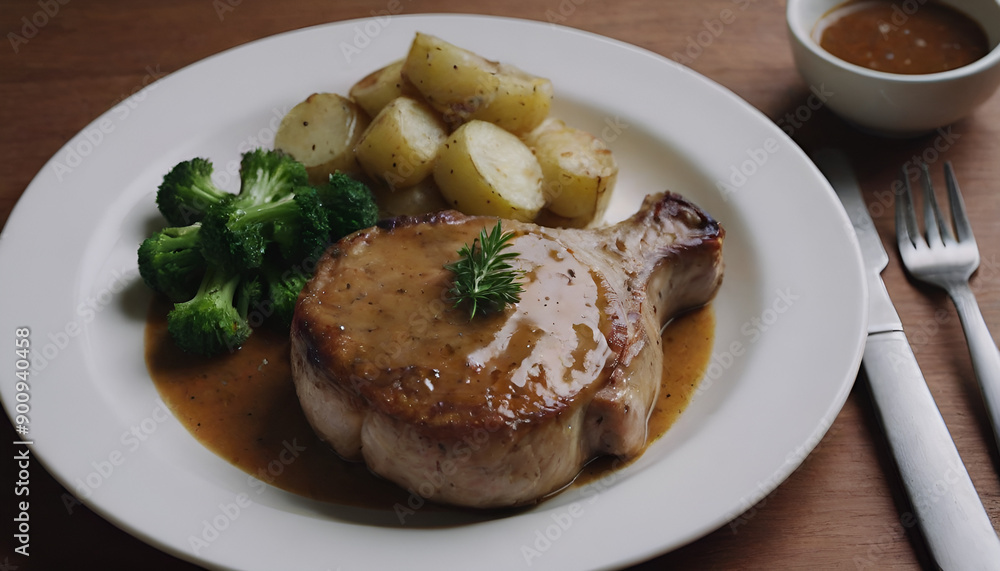 pork chop with potatoes, vegetables and gravy pork chop with potatoes, vegetables and gravy
