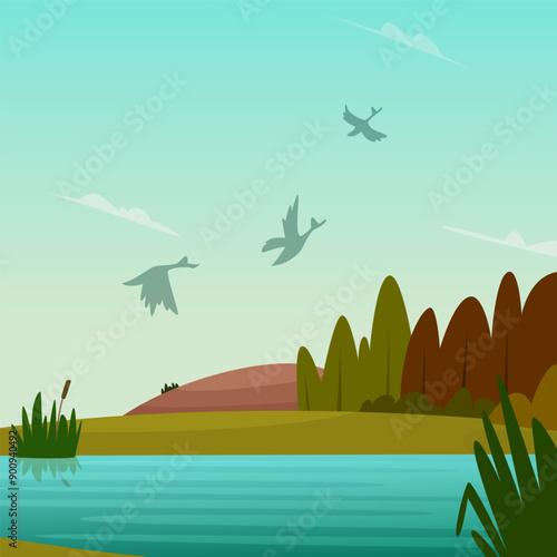 ducks pond. outdoor landscape background with lake and flying wild birds ducks