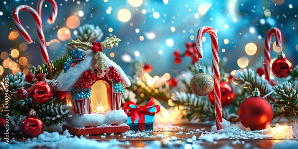 Naklejka premium Festive Christmas decorations with candy canes, ornaments, and a gingerbread house on a snowy background