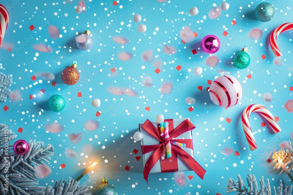 Christmas background with gifts box and decorative holiday decorations. Happy New Year and Merry Christmas