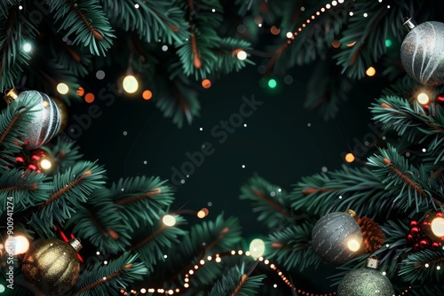Christmas border pine fir branches. Christmas scene with silver and gold baubles on pine branches, illuminated by string lights on a dark green background