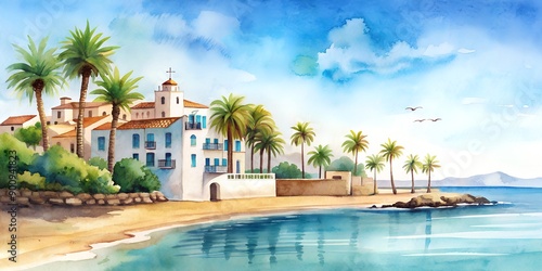 Minimalistic Spanish Riviera Watercolor Illustration AI Generative photo