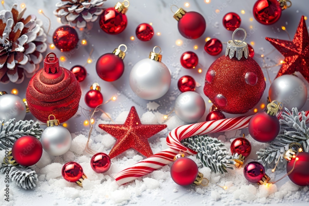 Christmas decorations with red and gold ornaments, pine cones, and festive lights. A vibrant and colorful holiday arrangement. Christmas decorations with red and gold ornaments, pine cones, and festive lights. A vibrant and colorful holiday arrangement.