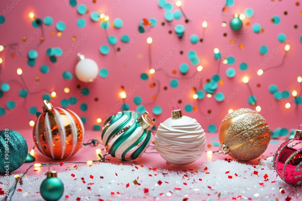 Obraz premium Christmas baubles and confetti on a pink background with string lights, creating a festive holiday scene.
