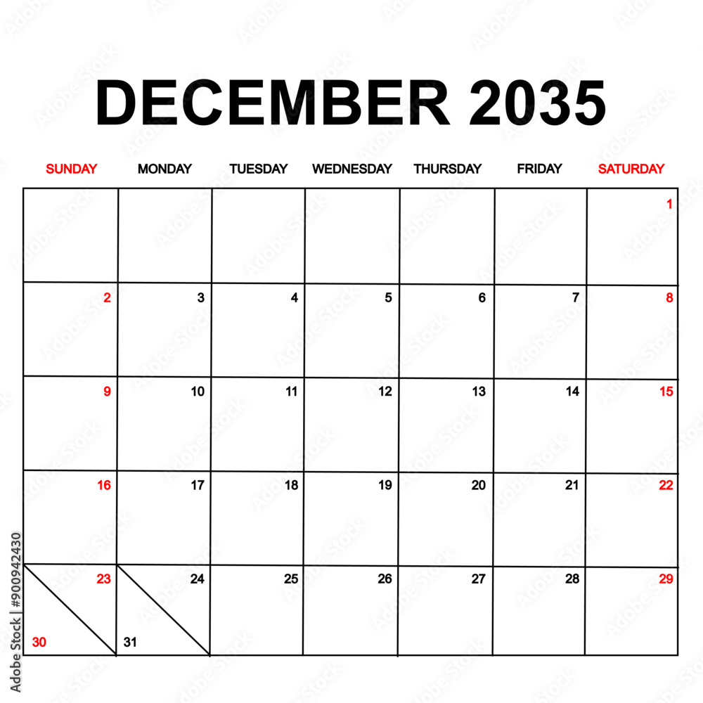 december 2035. Calendar with holydays or red dates. monthly calendar ...