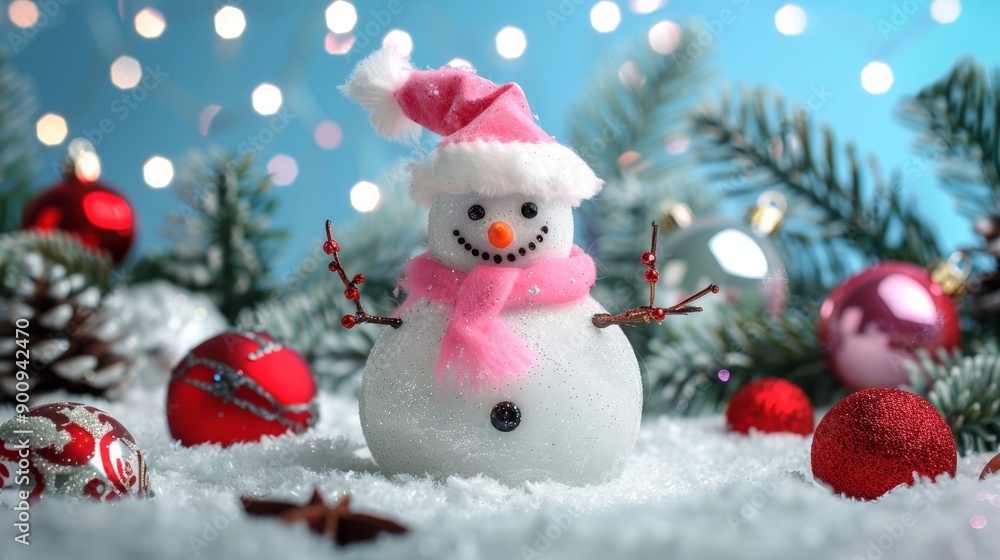 Adorable snowman plush toy with a red scarf and hat, surrounded by snow and festive decorations, creating a joyful and whimsical Christmas scene Adorable snowman plush toy with a red scarf and hat, surrounded by snow and festive decorations, creating a joyful and whimsical Christmas scene