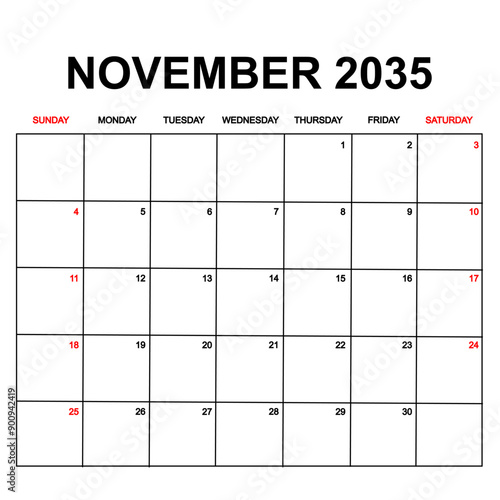 november 2035. Calendar with holydays or red dates. monthly calendar design with week starts on sunday. printable, simple, and clean vector design isolated on white background.