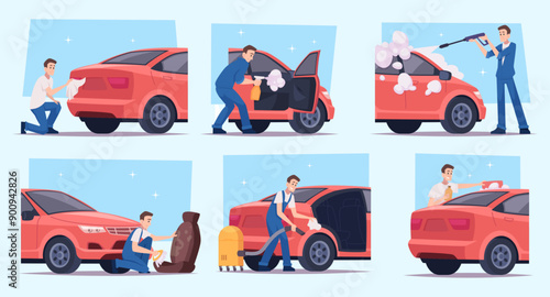 Washing cars. Cleaning transport specialists in uniforms washing cars exact vector collections set
