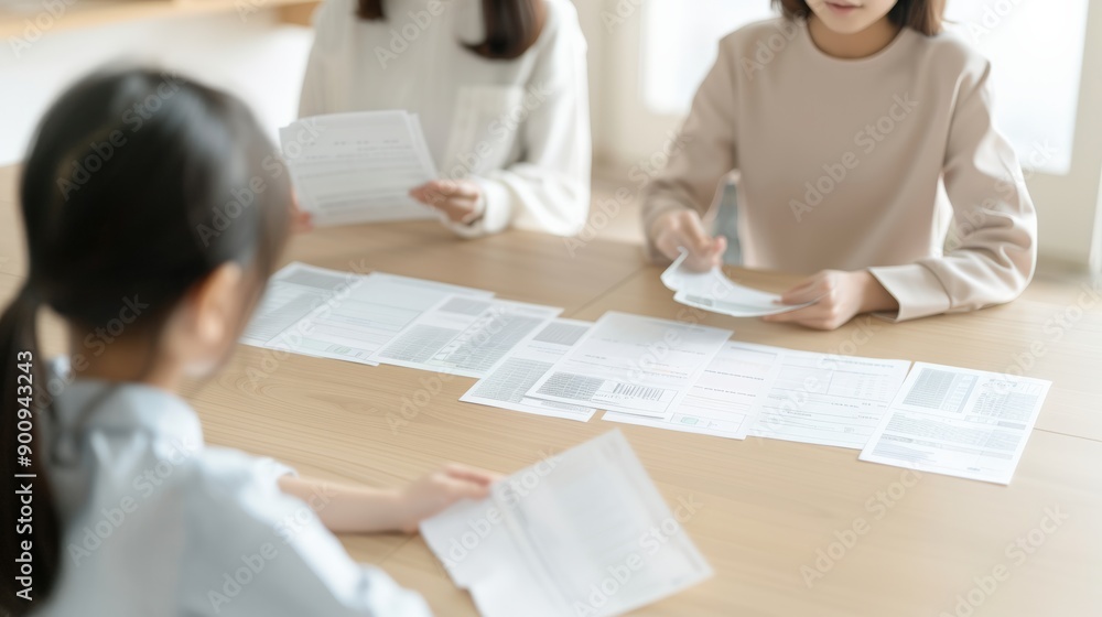 Three individuals engage in a collaborative discussion with documents on a table, emphasizing teamwork and communication.