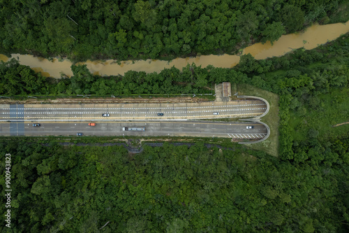 Top view of tunnel a highway and way animals overpass in between Khao Yai National Park and Thap Lan National Park, Prachinburi Province in Thailand. photo