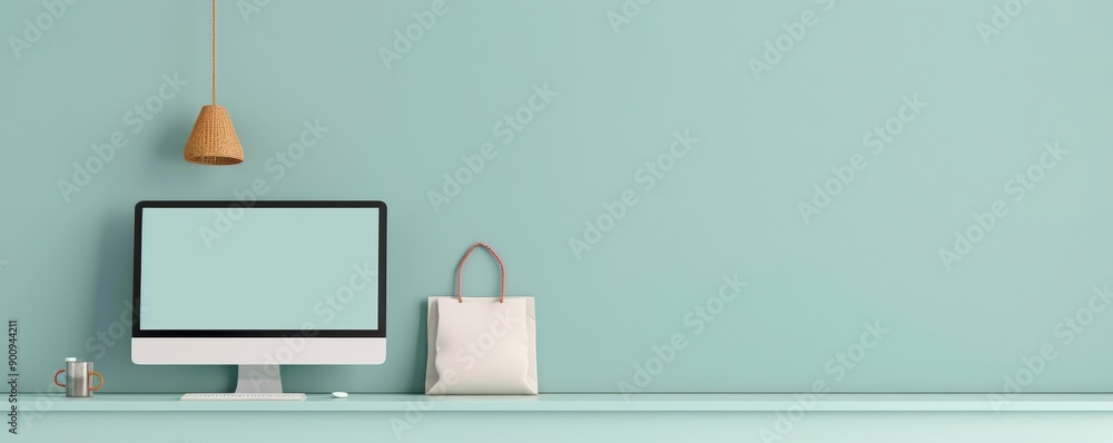 Stylish workspace featuring a computer, minimal decor, and a soothing blue wall for modern productivity inspiration. Stylish workspace featuring a computer, minimal decor, and a soothing blue wall for modern productivity inspiration.
