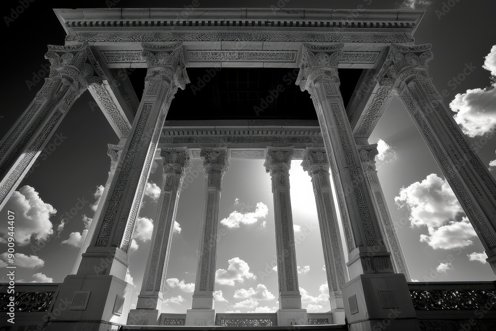 Fototapeta premium A black-and-white photograph of an intricately carved classical structure with tall columns, captured from a low angle. The sky in the background features scattered clouds.