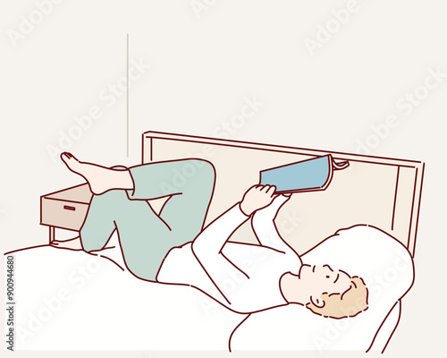 Young man reading a book lying in bed at cozy home cartoon vector illustration. White man relax before sleep with a book. Hand drawn style vector design illustrations.