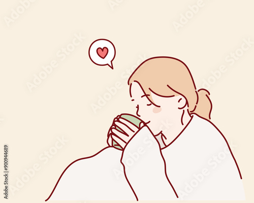 Girl in blanket drinking hot tea. Hand drawn style vector design illustrations.