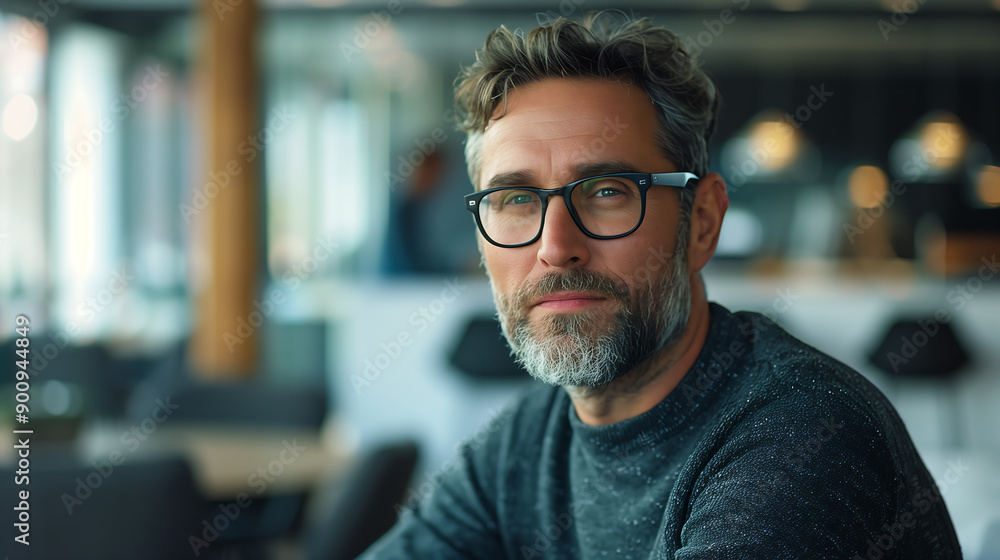 Portrait of a confident mature business man with glasses sitting in a modern office and looking at the camera Portrait of a confident mature business man with glasses sitting in a modern office and looking at the camera
