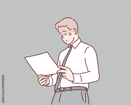 Young man looking through paper documents. satisfied with research results. Hand drawn style vector design illustrations.