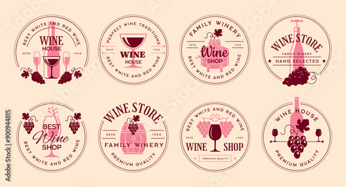 Wine market. Alcohol badges with wine bottles and grape stylized pictures and place for personal text recent vector templates