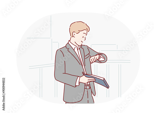 Running late, checking time on watch and feeling stressed, anxious and in hurry to get to work. Hand drawn style vector design illustrations.