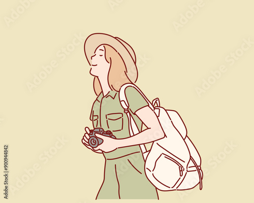 Tourist woman. Hand drawn style vector design illustrations.