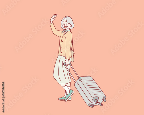Old Woman with a Suitcase goes on vacation. Hand drawn style vector design illustrations.