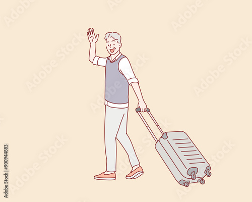 Old man with a Suitcase goes on vacation. Hand drawn style vector design illustrations.