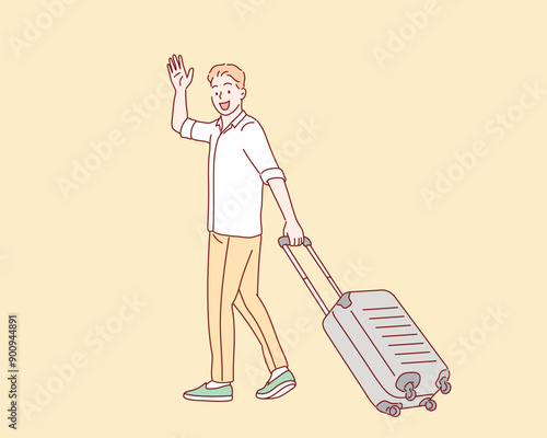 Young man with a Suitcase goes on vacation. Hand drawn style vector design illustrations.