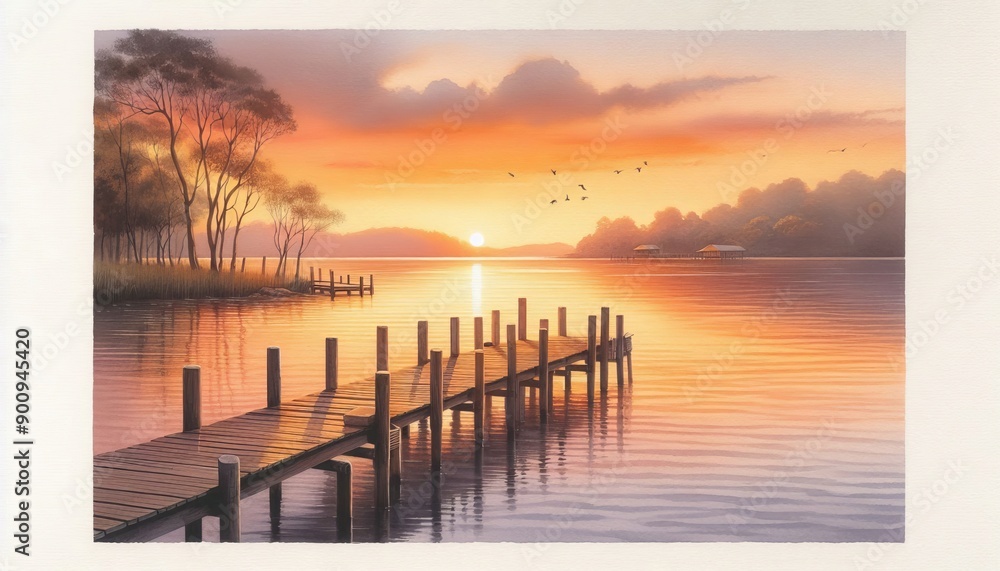 Fototapeta premium A calm watercolor painting depicting a wooden pier sloping gently into a charming lake at dusk