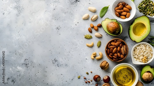 Wallpaper Mural healthy fats food display with avocado, nuts, seeds, and olive oil, arranged with blank space for custom text or design, perfect for health-related content Torontodigital.ca