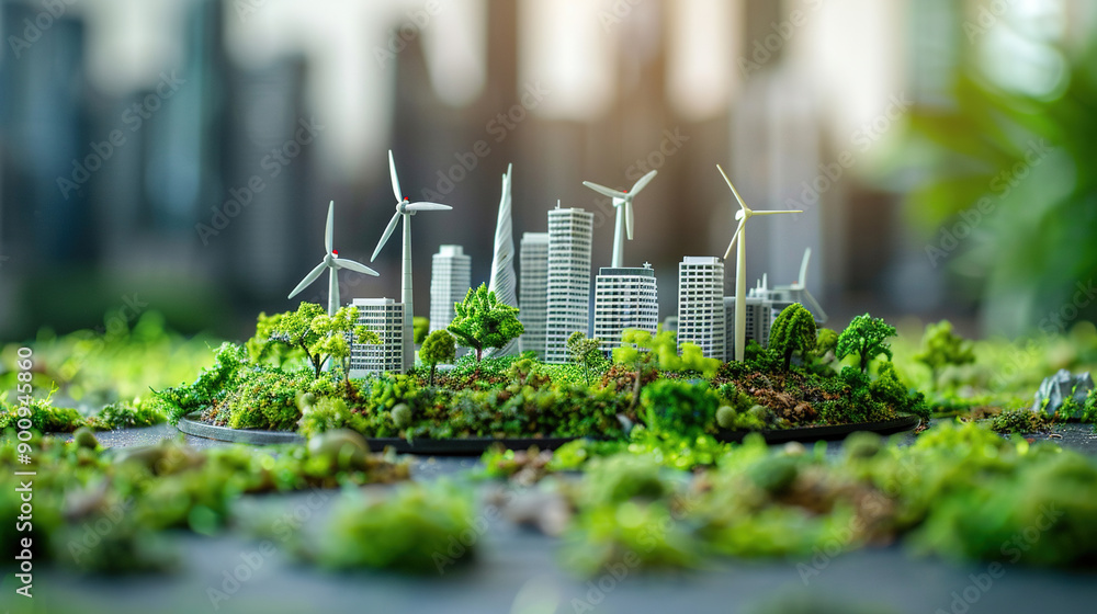 Miniature of green city with wind turbine. HD 4k wallpaper background photo for model 3D design mock up idea of a green industry eco-friendly city. Miniature of green city with wind turbine. HD 4k wallpaper background photo for model 3D design mock up idea of a green industry eco-friendly city.