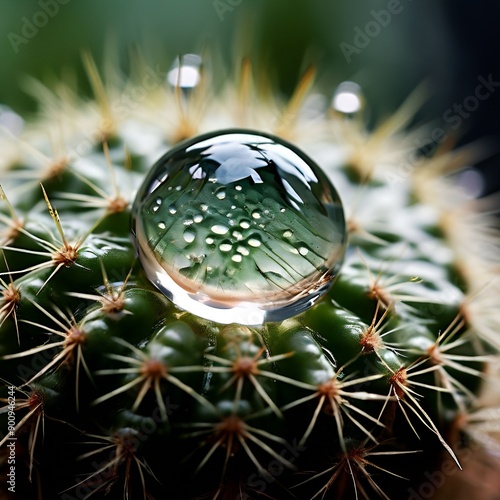 A glistening water droplet perched on a spiky cactus, surrounded by dewdrops and bathed in soft sunlight.