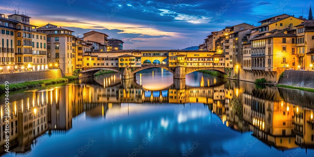 Naklejka premium Night view of Ponte Vecchio and surrounding buildings reflecting on the river Arno in Florence, Italy, Ponte Vecchio