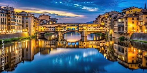 Night view of Ponte Vecchio and surrounding buildings reflecting on the river Arno in Florence, Italy, Ponte Vecchio