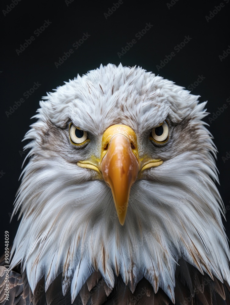 Obraz premium A close-up view of a bald eagle's face, with distinctive white head and yellow beak