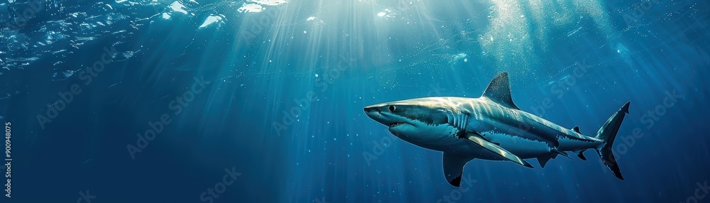 Majestic Great White Shark Swimming in the Deep Blue Ocean with Sunlight Rays Majestic Great White Shark Swimming in the Deep Blue Ocean with Sunlight Rays
