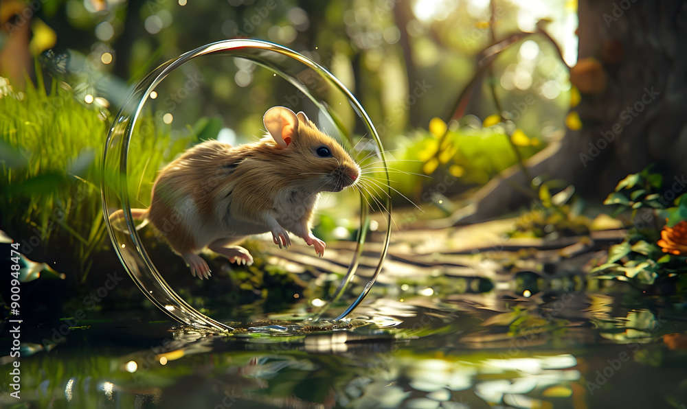 A cute brown mouse jumps through a glass hoop in a magical forest setting. A cute brown mouse jumps through a glass hoop in a magical forest setting.