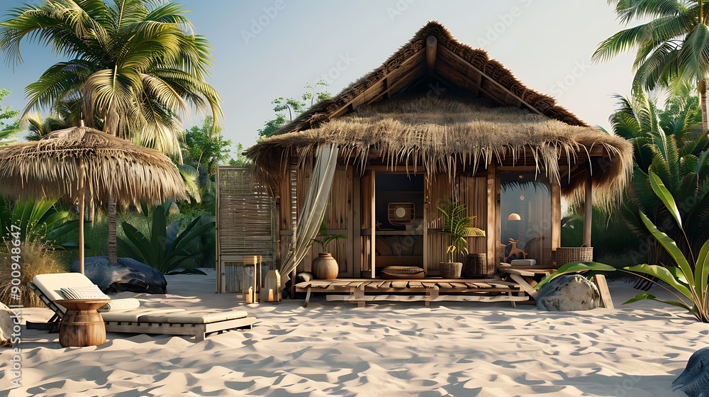 Tropical Beach Hut with Lounge Chairs and Palm Trees Tropical Beach Hut with Lounge Chairs and Palm Trees