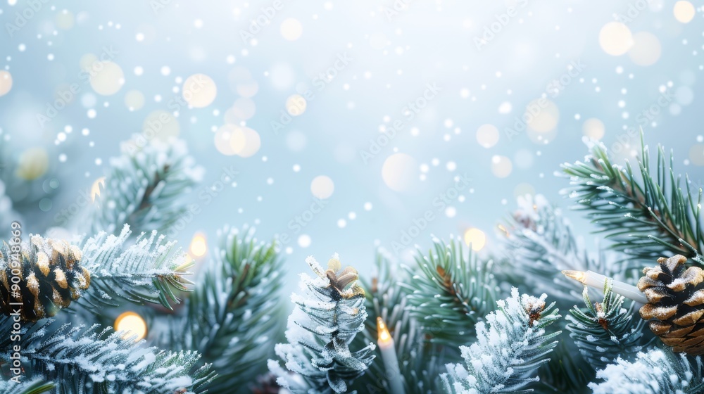 Snow-covered pine branches with a soft blue background and twinkling lights, creating a serene winter scene. Snow-covered pine branches with a soft blue background and twinkling lights, creating a serene winter scene.