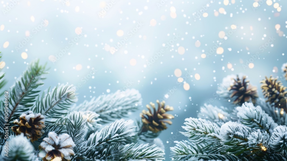 Snow-covered pine branches with a soft blue background and twinkling lights, creating a serene winter scene. Snow-covered pine branches with a soft blue background and twinkling lights, creating a serene winter scene.